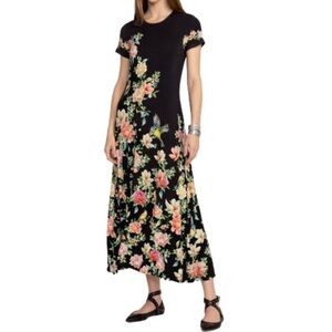 Johnny Was Janie Favorite Midi Dress Birdie Floral print round Neckline Black